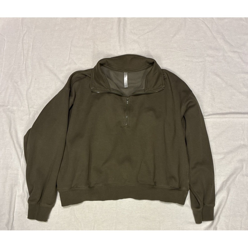 Fabletics Women's Sweatshirt XXL Olive Green Half Zip Cropped Minimalist Pockets